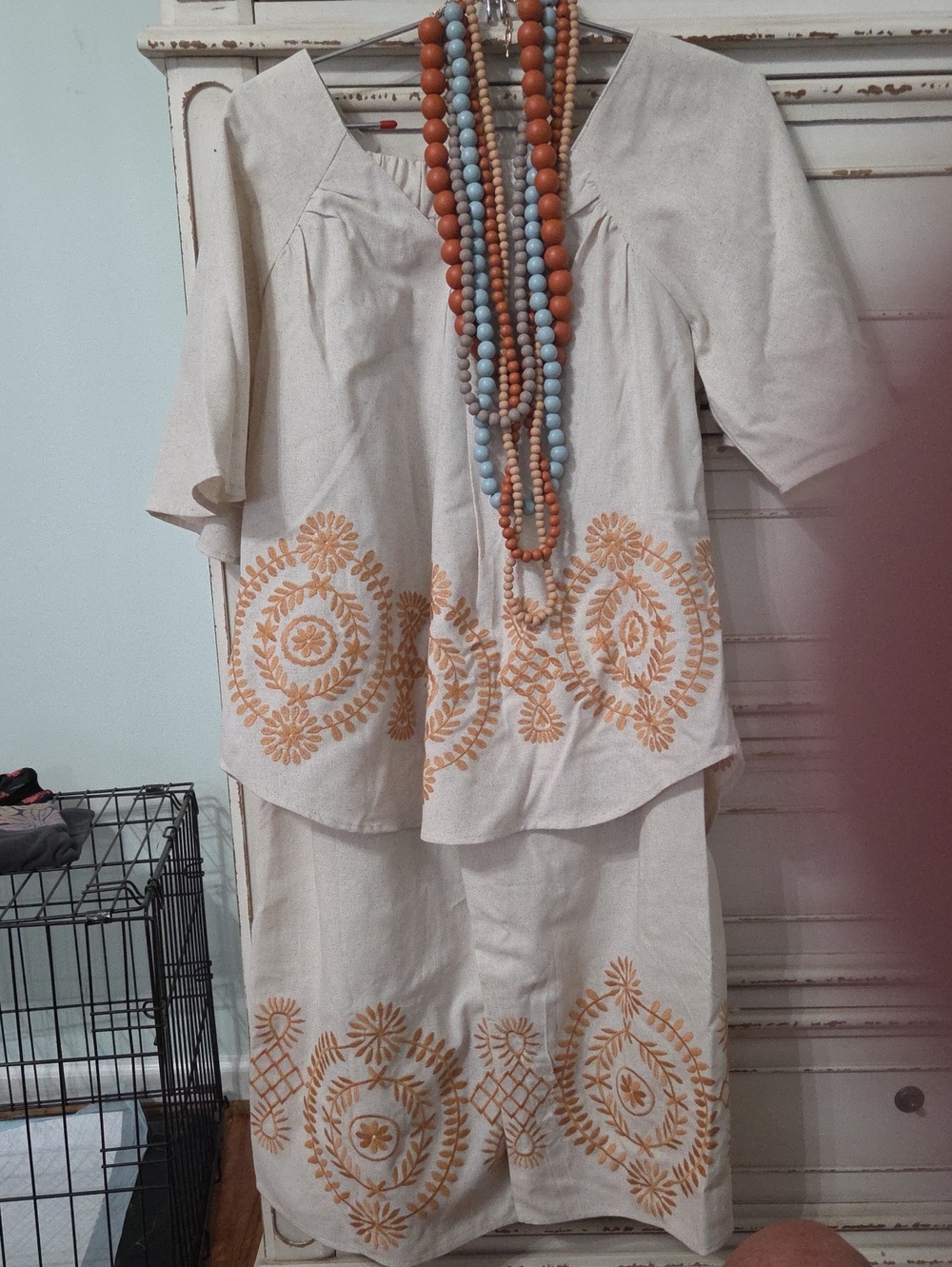 Cream Embroidered Short-Sleeve Peasant Blouse with Burnt Orange Medallions